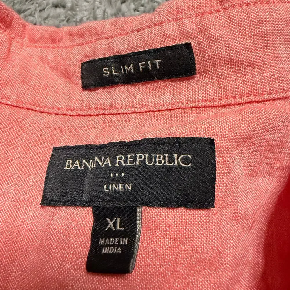Banana Republic Shirt Mens XL Linen Pink Short Sleeve Button Slim Fit